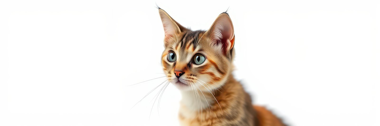 Playful tabby cat with striking blue eyes sitting on a light background during indoor environment
